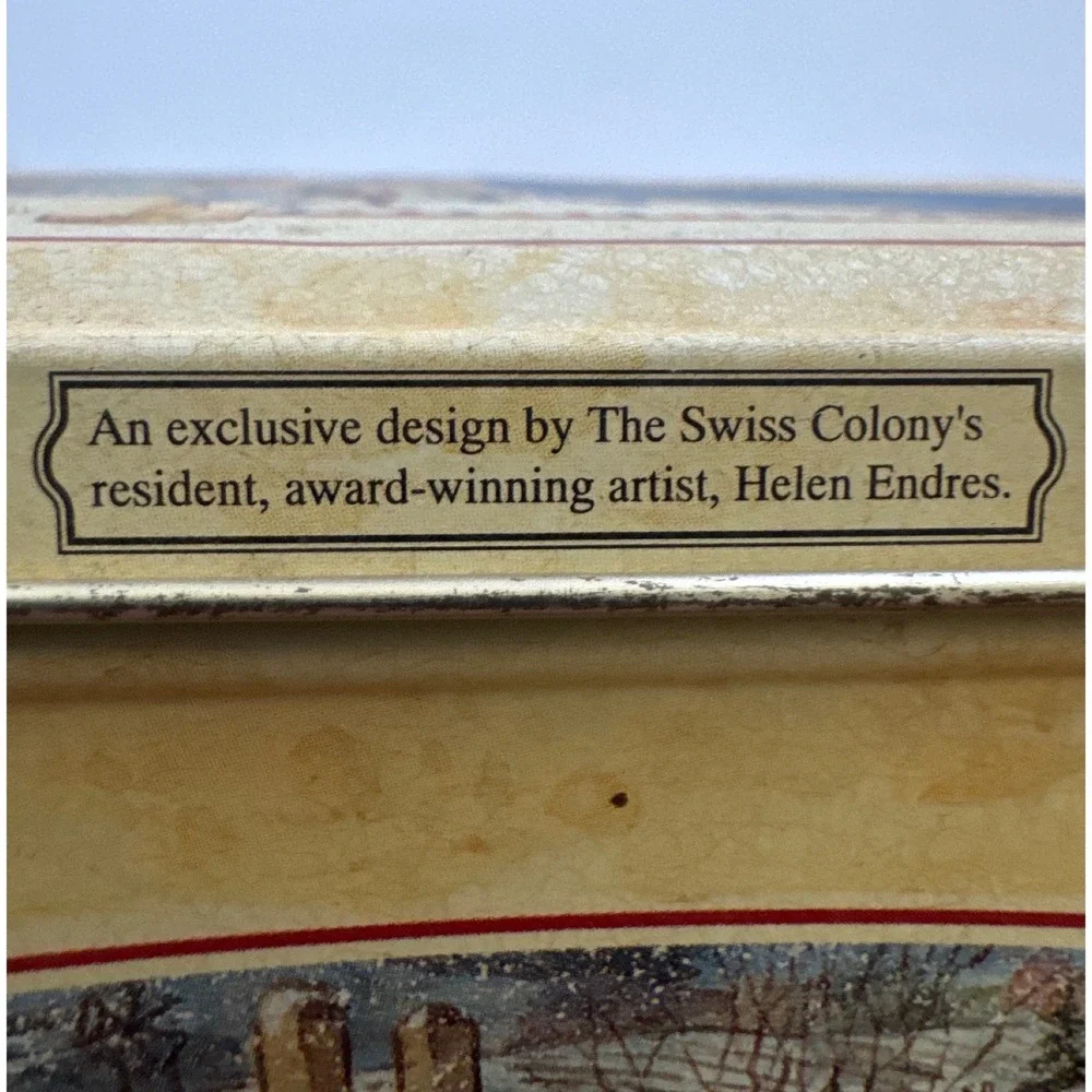 Swiss Colony VTG Xmas Tin Monroe Wisconsin Helen Endres Winter Scene brownie box